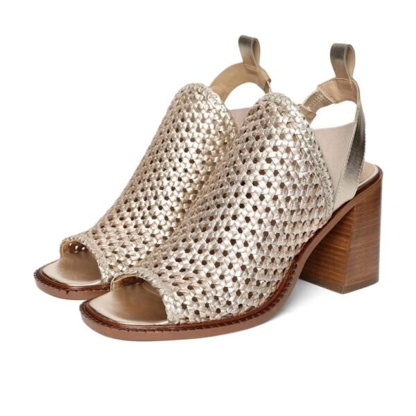 Saint G Women Black Leather Handcrafted Woven Open Toe Block Heel Sandals